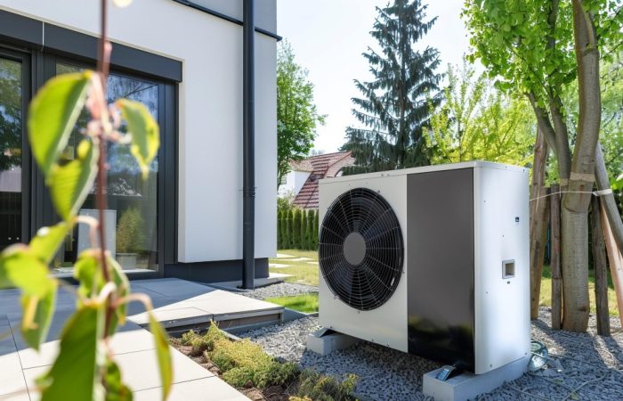 Wärmepumpe an einem Einfamilienhaus im Garten